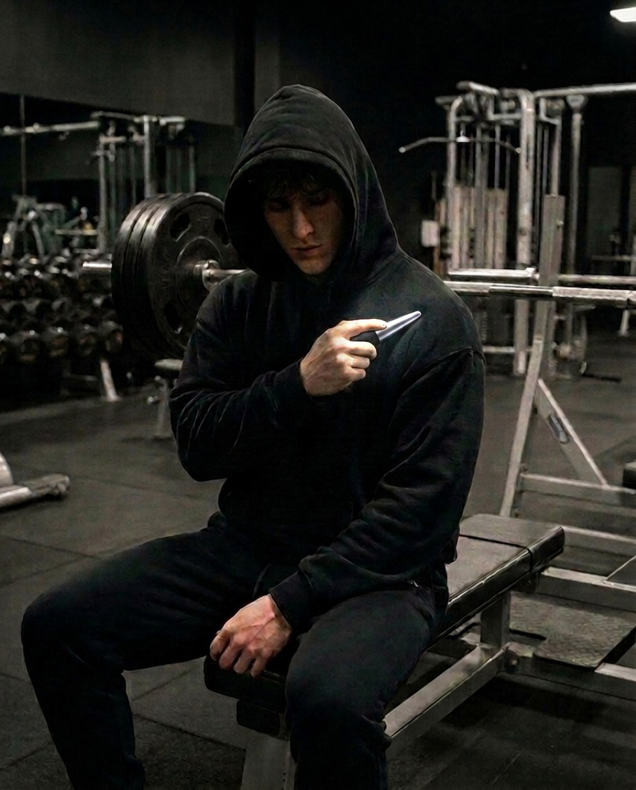 Lifter using the Focca pen on his shoulder in a dark gym